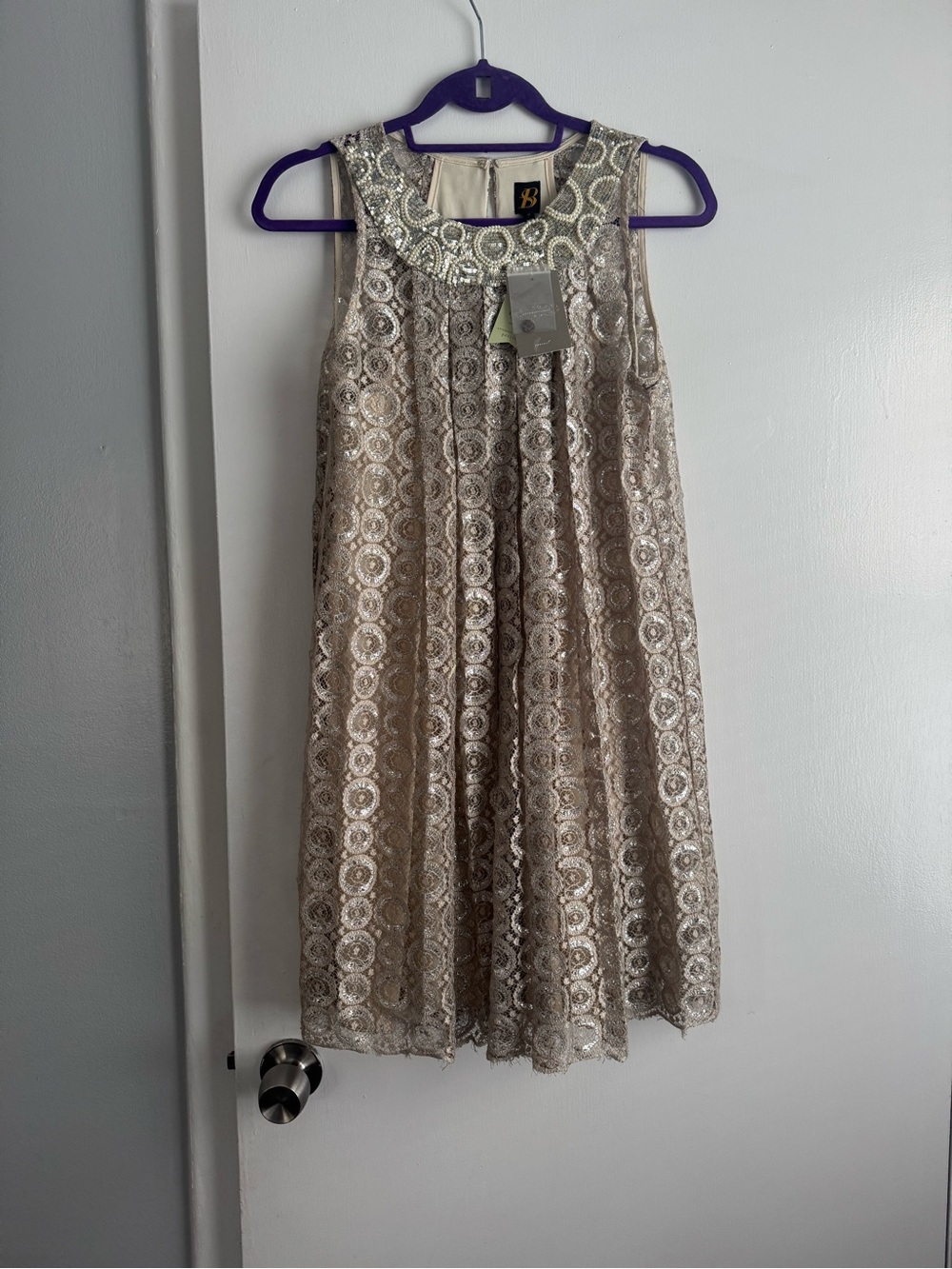 ANTHROPOLOGIE Sequined Lace A-Line Dress in Champagne by